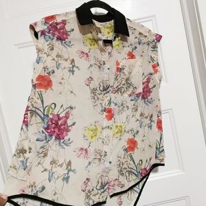 Ochirly Floral Print Contrast Collar Blouse Sheer Back S